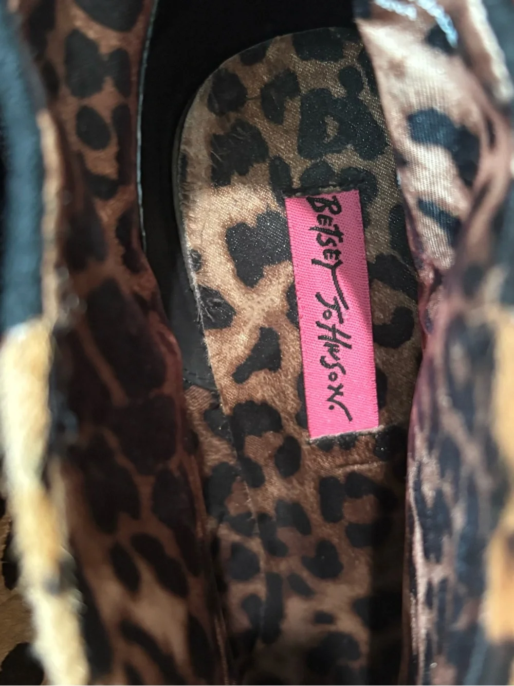 Betsey Johnson Leopard Haircalf  Fringe Wedge Ankle Boot - Black & Tan